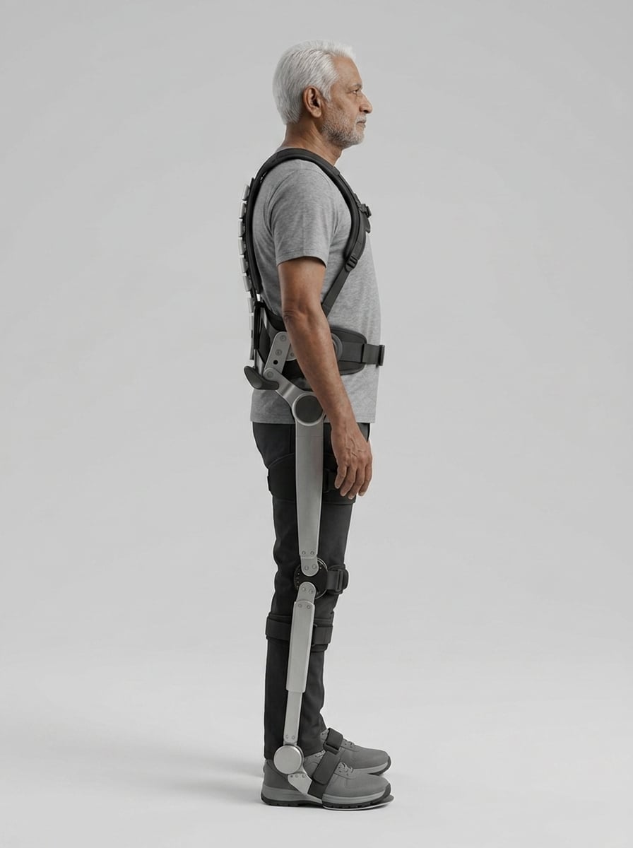 Side view of a man wearing Orvyn: the segmented back spine meets the hip belt at a pivot, a thigh bar runs to a disc knee, and a shin bar ends in an ankle disc and a footplate under the shoe