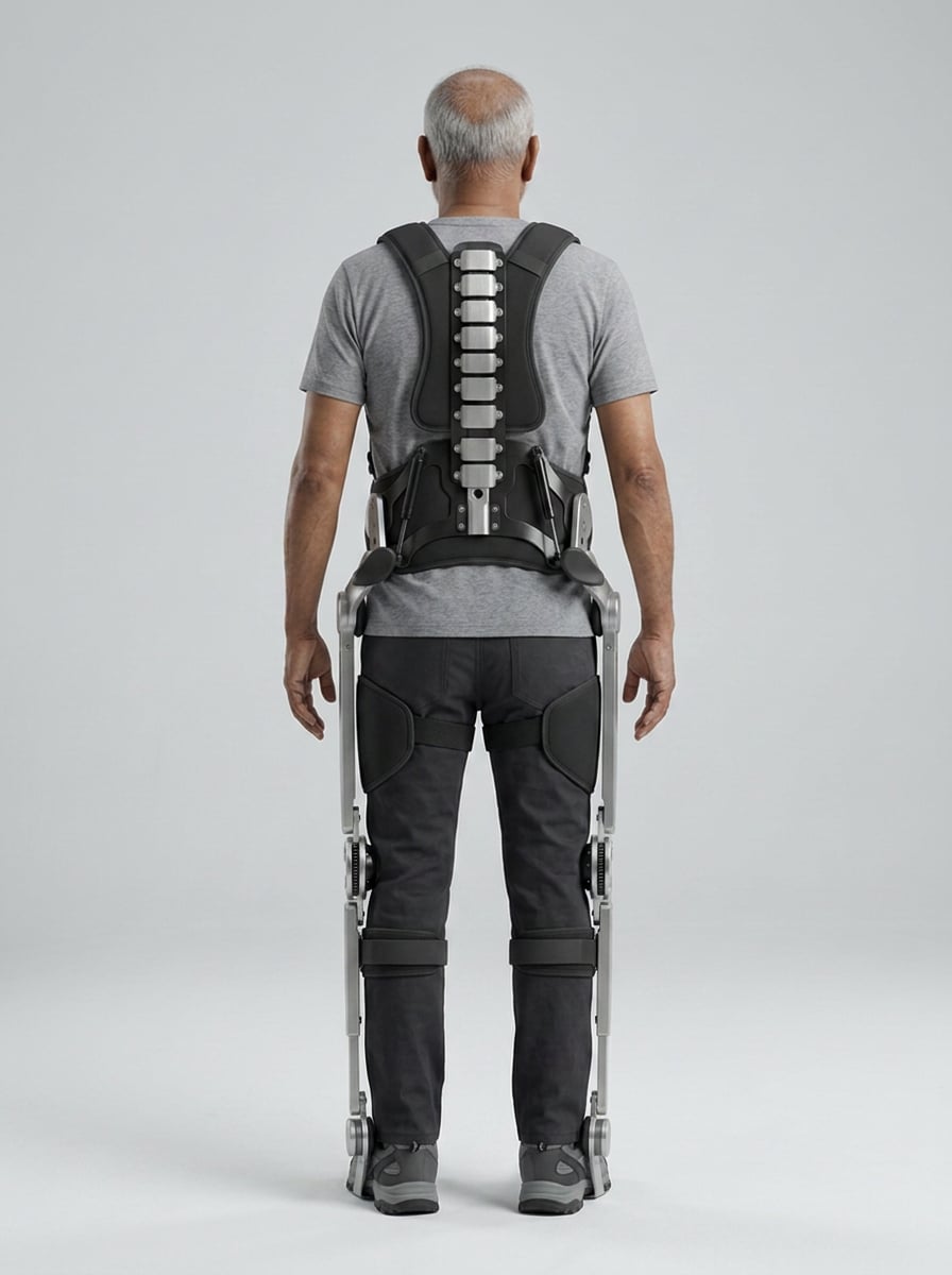Orvyn from directly behind: articulated spine segments on a padded panel, a hip belt with twin struts, and struts down both legs to disc knees and footplates