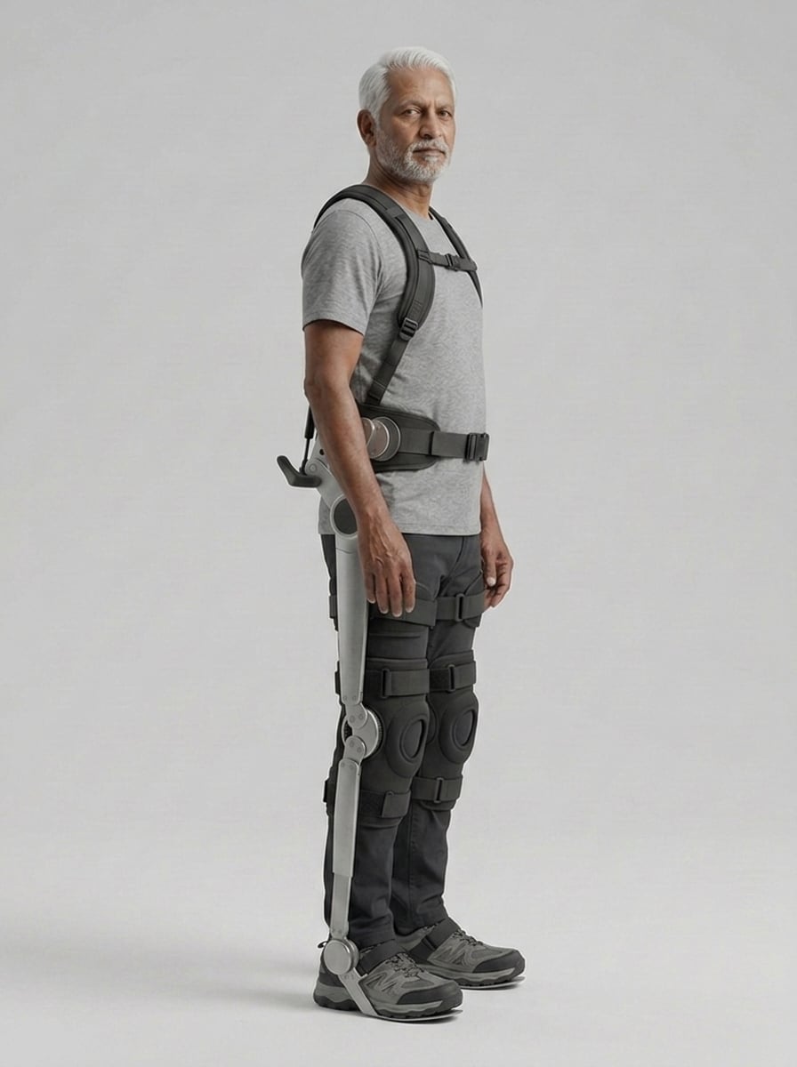 An older man in Orvyn looks toward the camera, the strut, disc knee and footplate running down the outside of one leg below the harness and hip belt