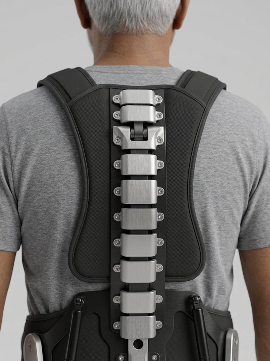 The posterior spine from behind: brushed-metal segments on a central column, fixed to a padded back panel held by shoulder straps and a hip belt